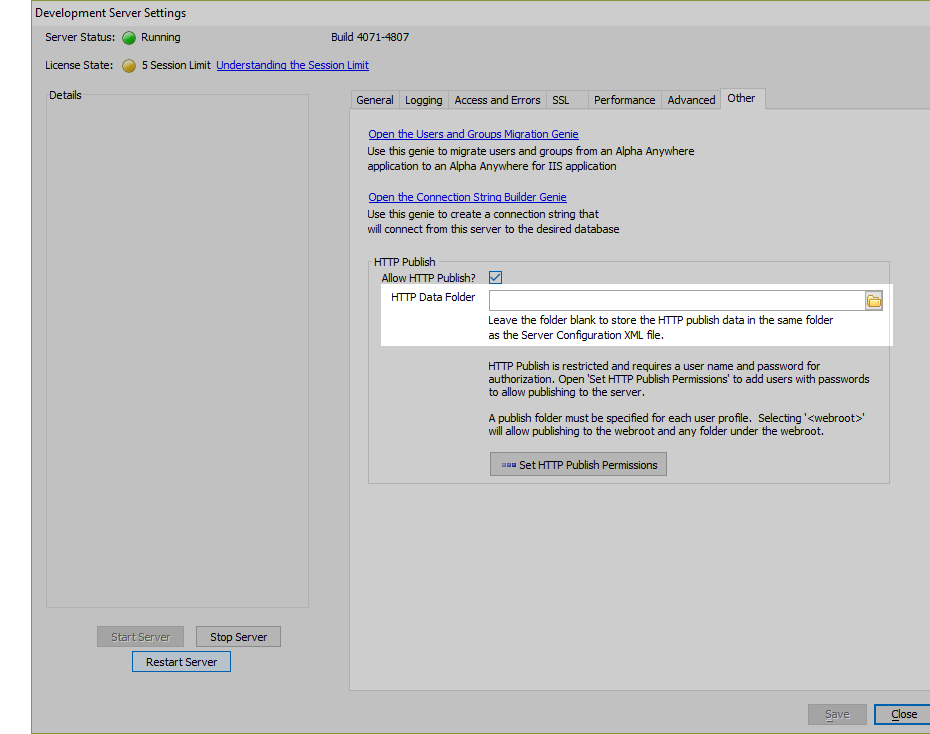 The HTTP Data Folder is where data, such as DBF tables, is published.